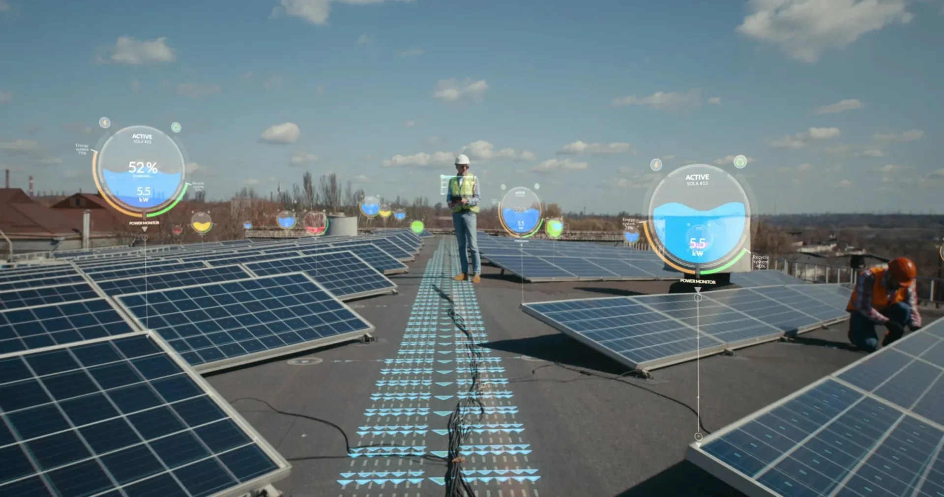Technician walks among solar panels, monitoring data overlaid as floating circular gauges.