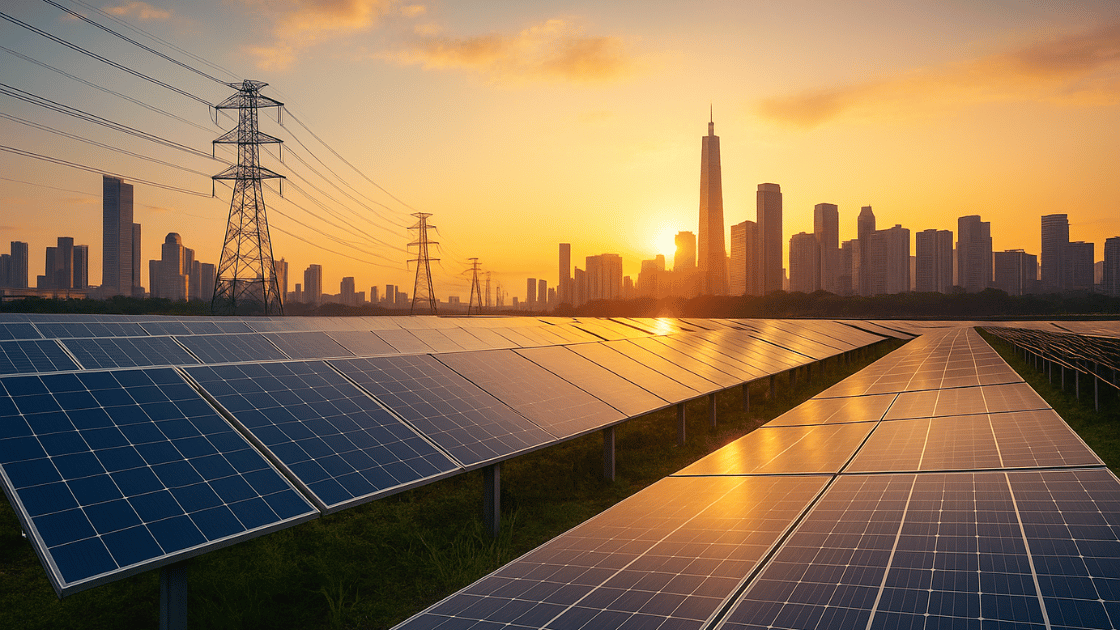 Solar panels in foreground, city skyline with setting sun and power lines.