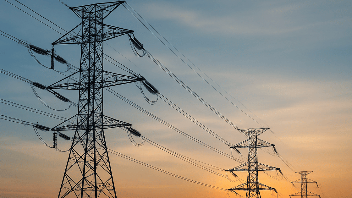 Power lines and towers against a colorful sunset sky.