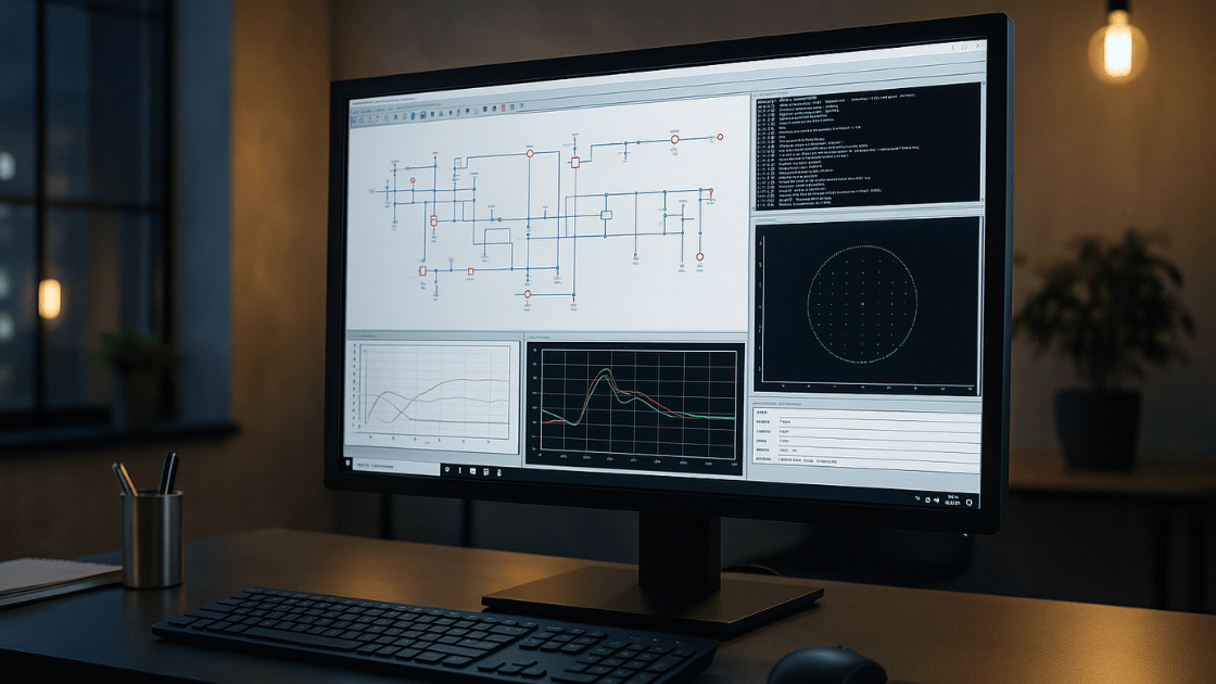 Computer monitor displaying technical diagrams in a dimly lit room with a keyboard and mouse.