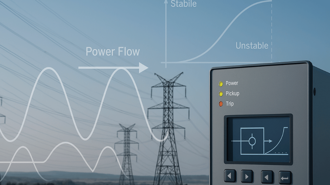 Power grid control device with power lines and charts, showing power flow and stability in a utility setting.