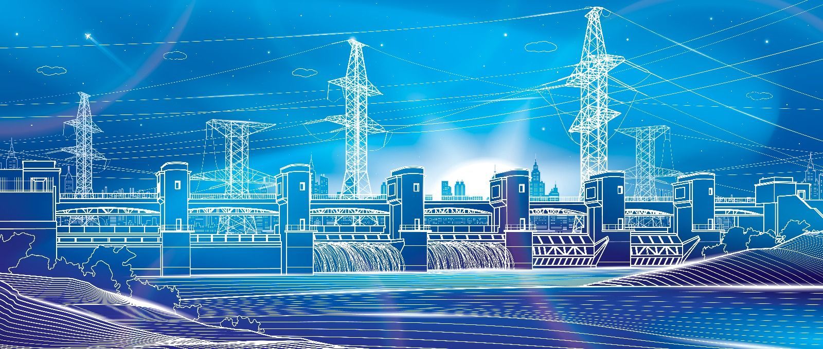 Blue illustration of a dam and power lines, possibly representing energy infrastructure or smart grid technology.