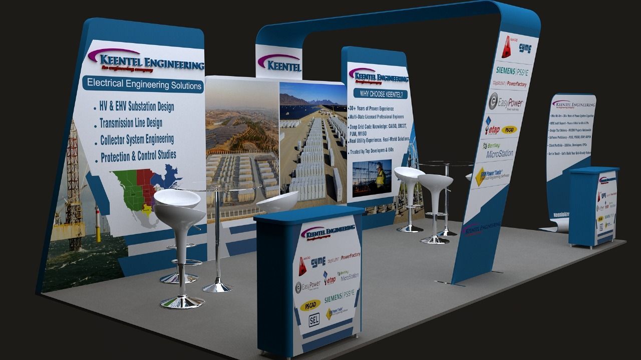 Trade show booth with blue and white branding, displays information, and includes seating.