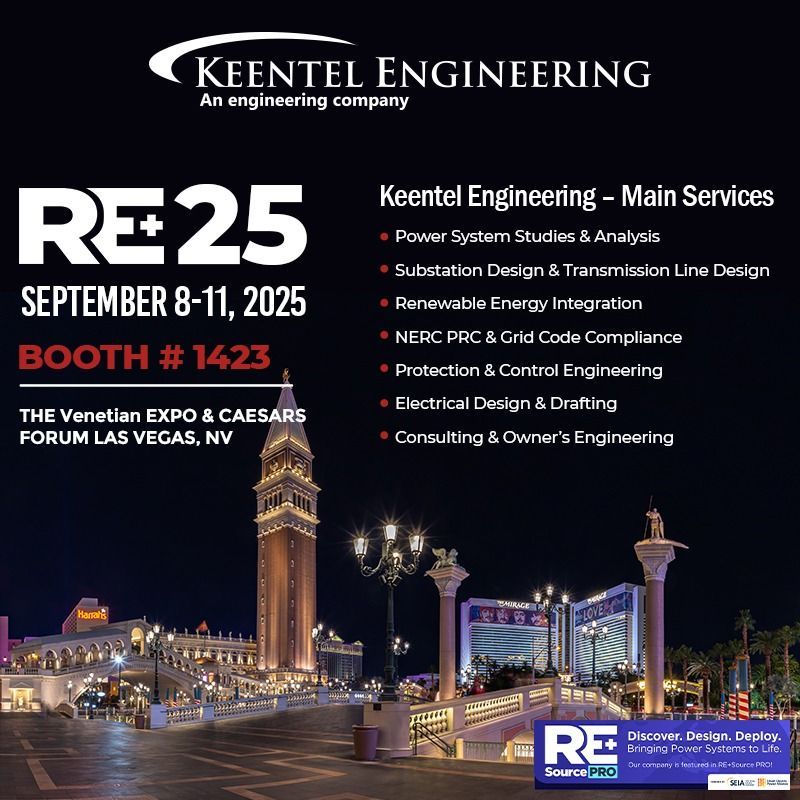 Advertisement for Keentel Engineering at RE+ 2025 in Las Vegas, showing services.