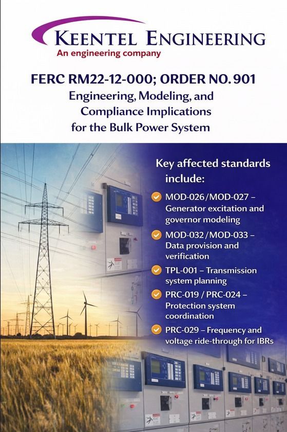 Keentel Engineering overview graphic explaining FERC RM22-12-000 Order No. 901 and its engineering, modeling, and compliance impact on the bulk power system, highlighting affected NERC standards including MOD-026, MOD-027, MOD-032, MOD-033, TPL-001, PRC-019, PRC-024, and PRC-029 with power transmission and control system visuals.
