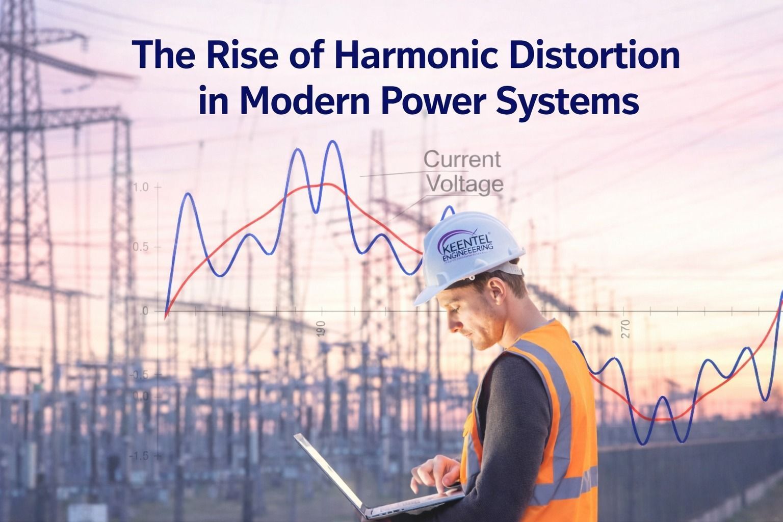 Engineer analyzing harmonic distortion in a power substation with current and voltage waveform graph overlay, illustrating modern power system stability and harmonic studies.