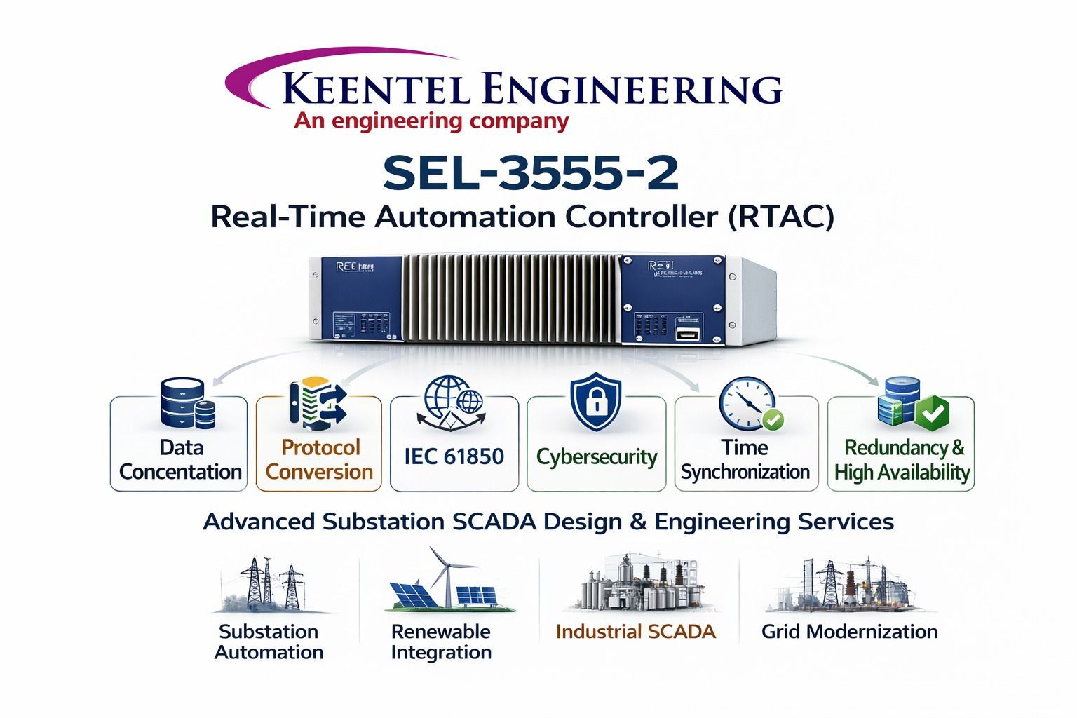 SEL-3555-2 Real-Time Automation Controller (RTAC) by Keentel Engineering highlighting data concentration, protocol conversion, IEC 61850 integration, cybersecurity, time synchronization, and redundancy for advanced substation SCADA design, renewable integration, industrial SCADA, and grid modernization.