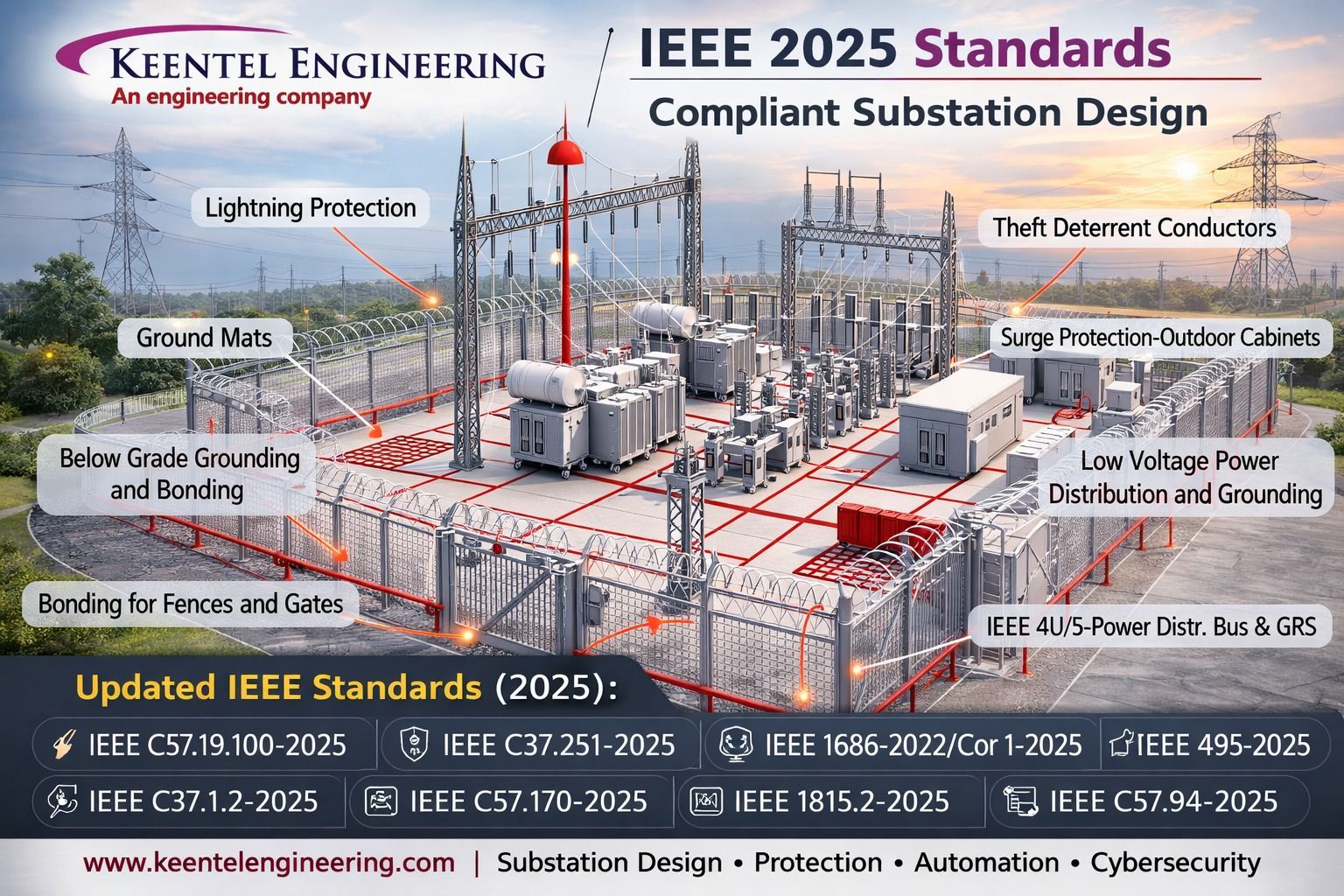 IEEE 2025 compliant substation design showing grounding grid, lightning protection, surge protection and low voltage distribution system