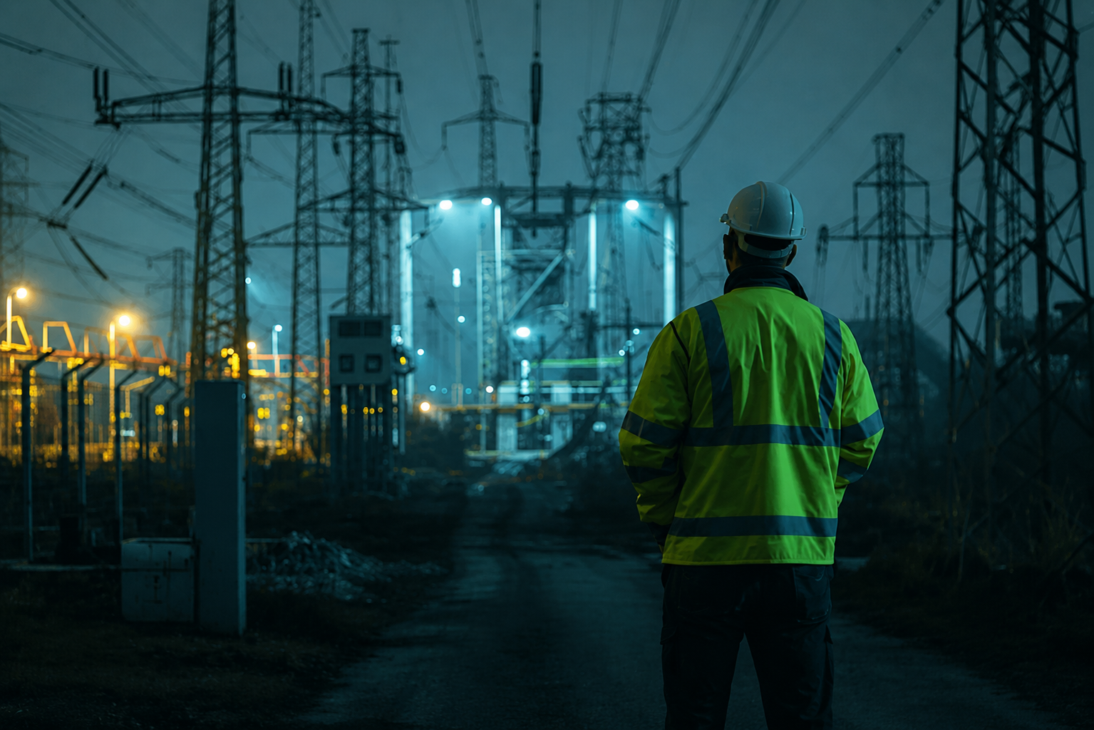 A person in a high-visibility jacket and hard hat stands at night, looking toward a brightly lit electrical substation.