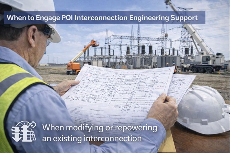 An engineer reviews technical plans at a substation construction site, focusing on modifying existing interconnections.
