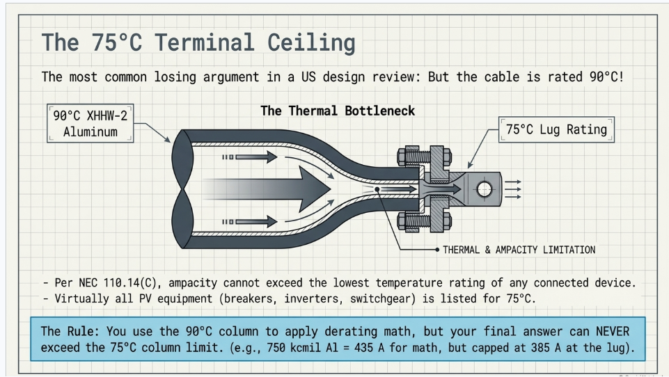NEC 110.14(C) 75 degree terminal ampacity limit for XHHW-2 aluminum solar PV AC conductors