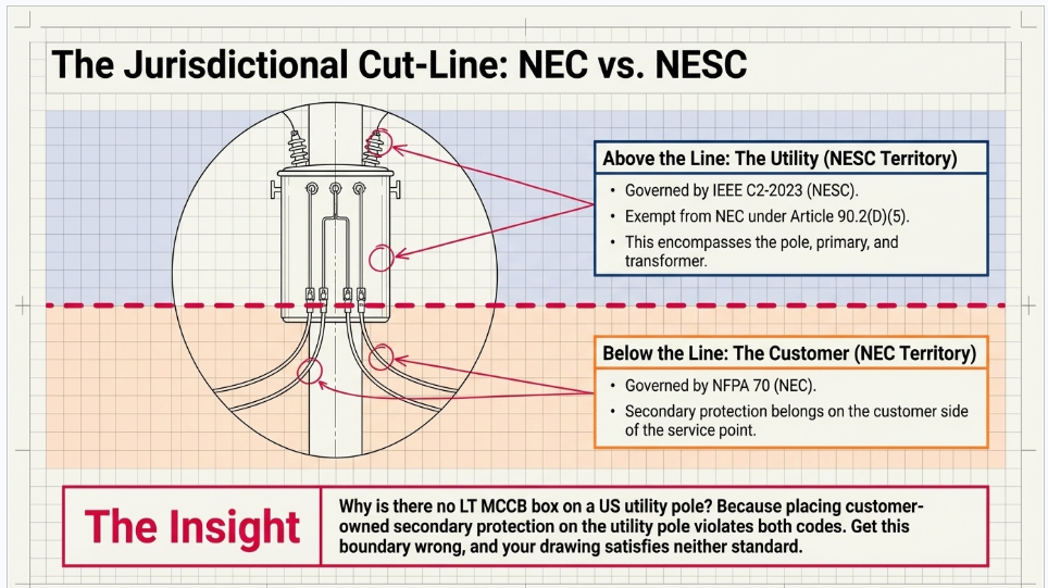 NEC vs NESC jurisdiction boundary for US pole-mounted transformer and utility distribution service