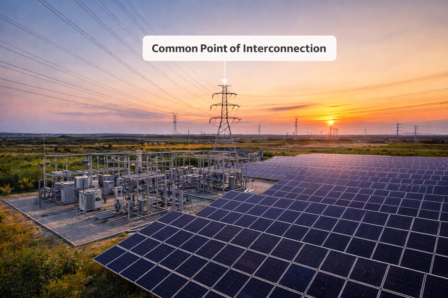 Solar panels and a power substation at sunset, labeled as the Common Point of Interconnection with the electrical grid.