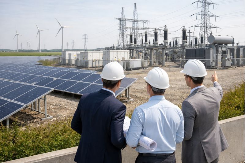 Three people in hard hats and business attire look at a solar farm and electrical substation.