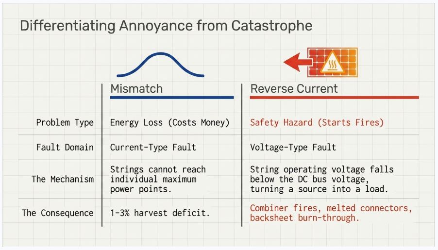 PV array mismatch versus reverse current showing energy loss and fire risk in parallel solar strings