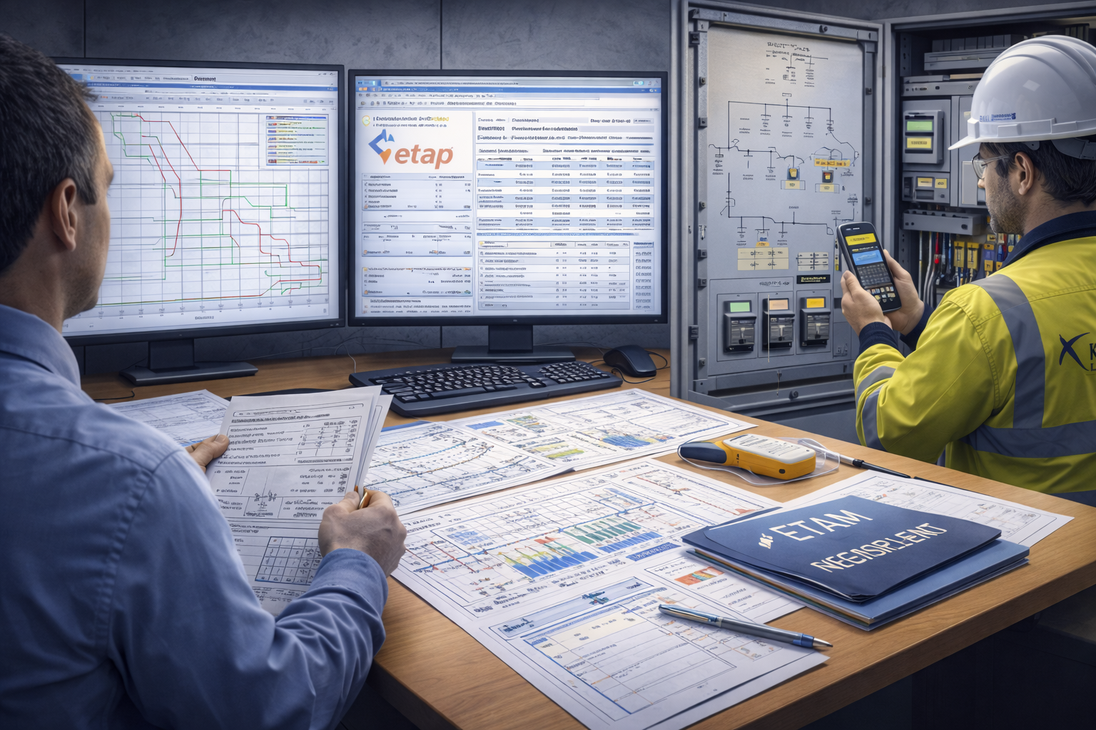 Two technicians in hard hats inspect electrical panel, one using a laptop in a control room.