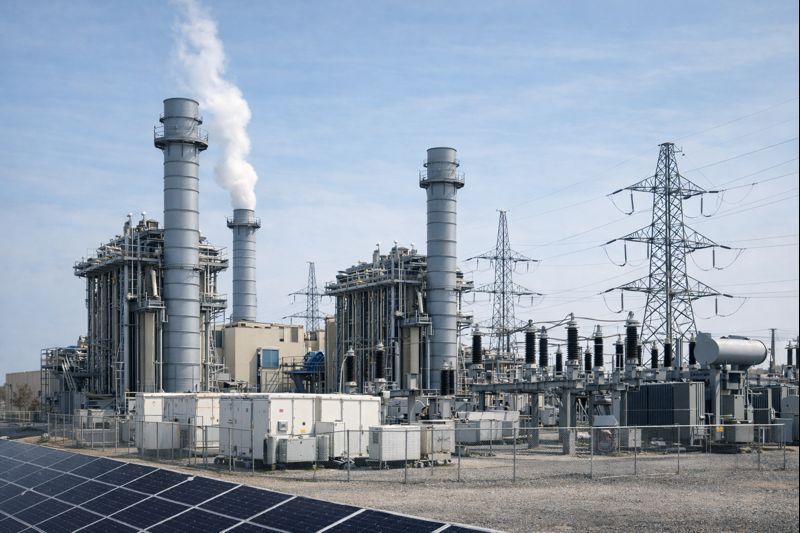 A natural gas power plant with smoke emitting from tall chimneys, featuring electrical towers and solar panels in the front.