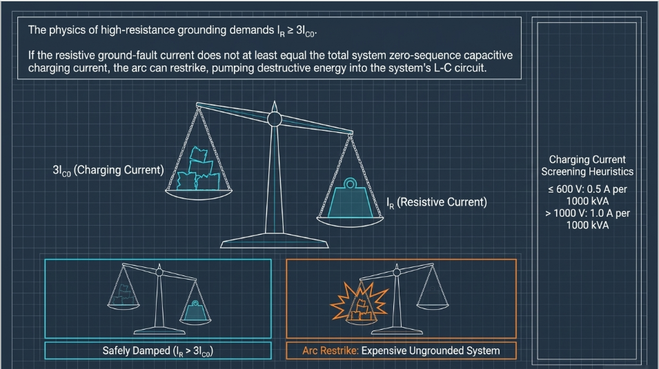 High-resistance grounding NGR sizing showing resistive fault current versus system capacitive charging current 3Ic0