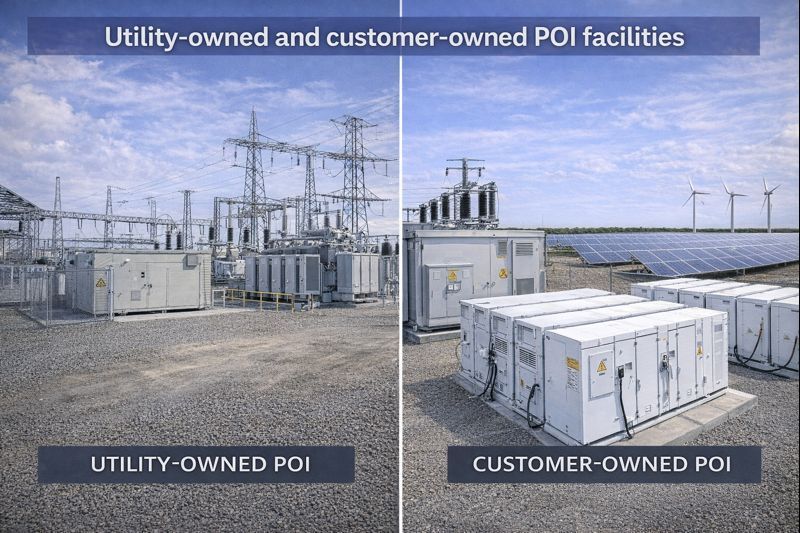 A side-by-side comparison of a utility-owned electrical substation and a customer-owned point of interconnection facility.