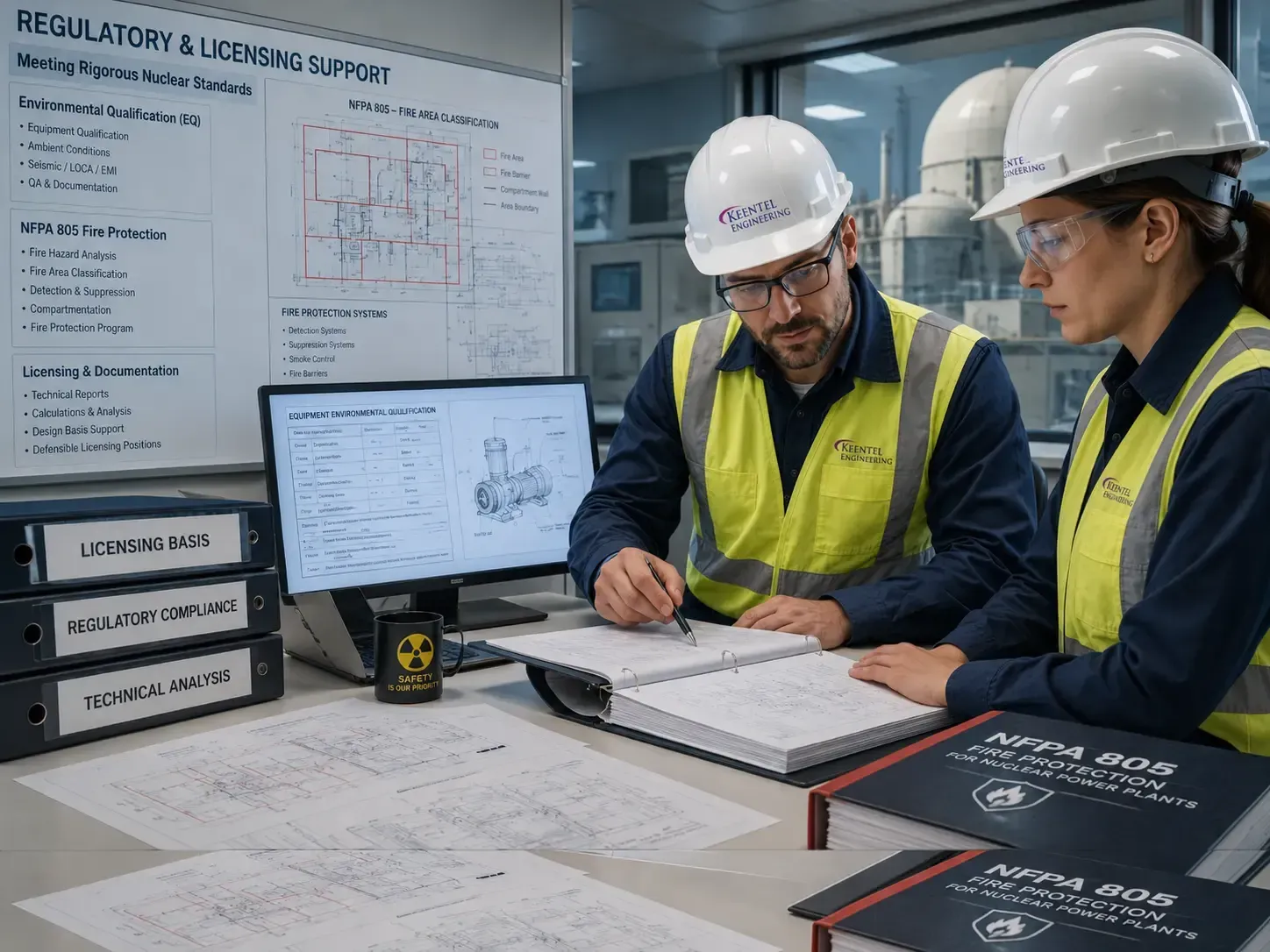Two technicians in hard hats inspect electrical panel, one using a laptop in a control room.