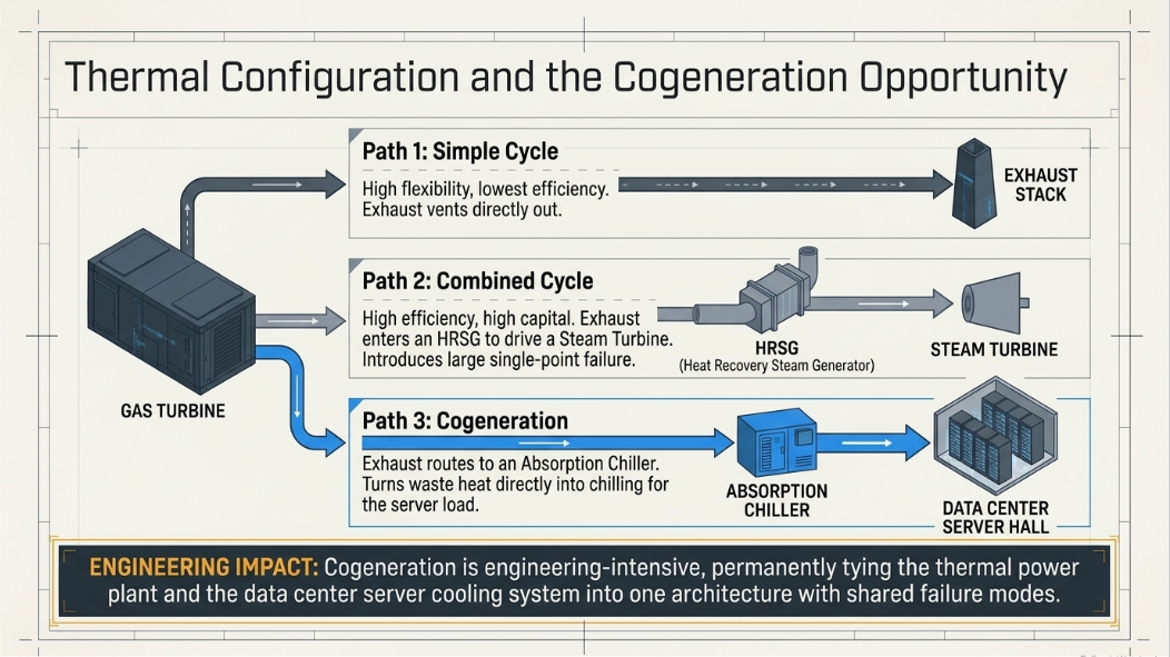 Gas turbine thermal configurations comparing simple cycle, combined cycle, and cogeneration for data center power and cooling.