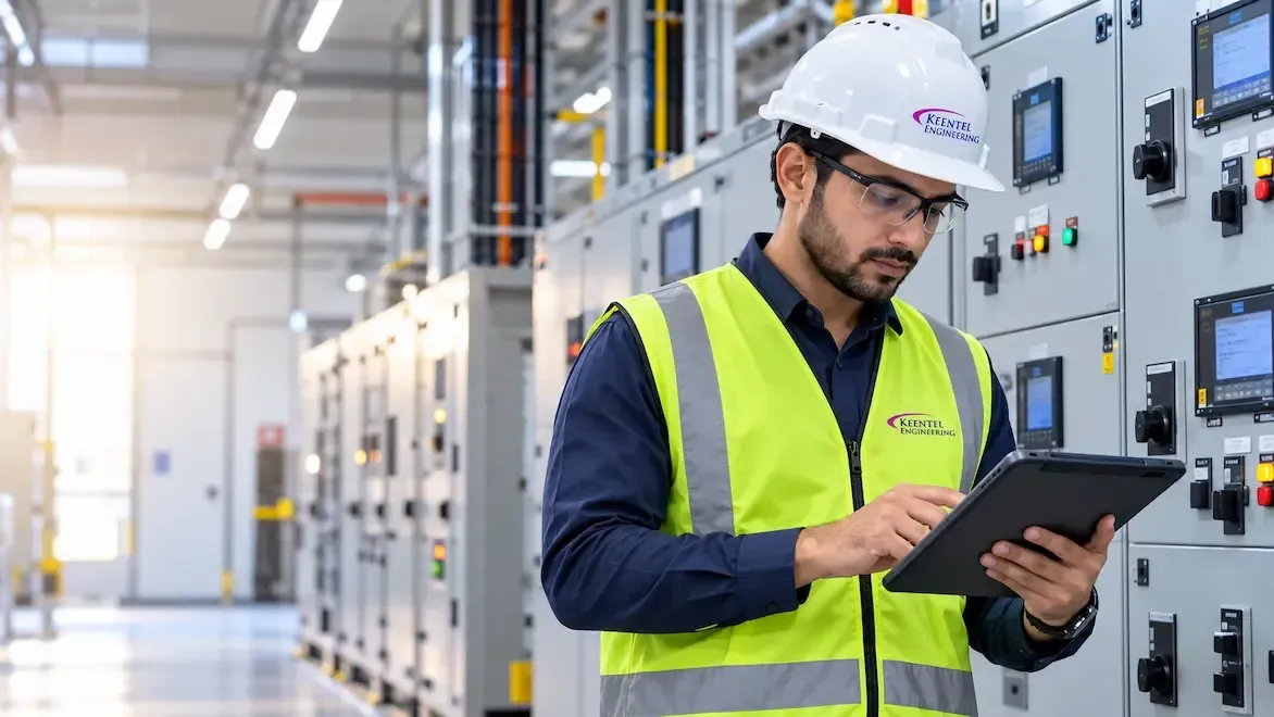 Engineers inspecting electrical control equipment with a laptop for voltage control, settings review and compliance evidence