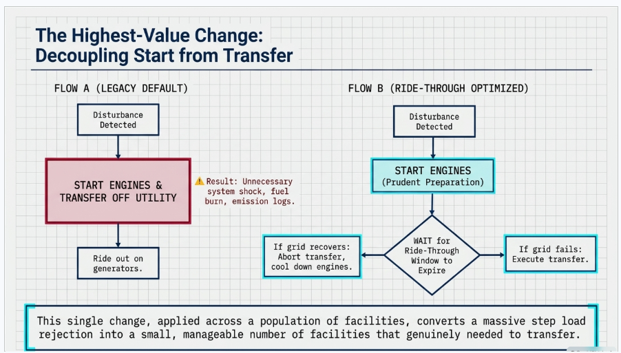 Data center ride-through control strategy separating generator start from utility transfer during grid disturbances
