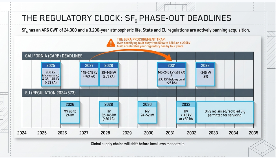 SF6 GIS phase-out timeline for California CARB and European Union gas-insulated switchgear regulations