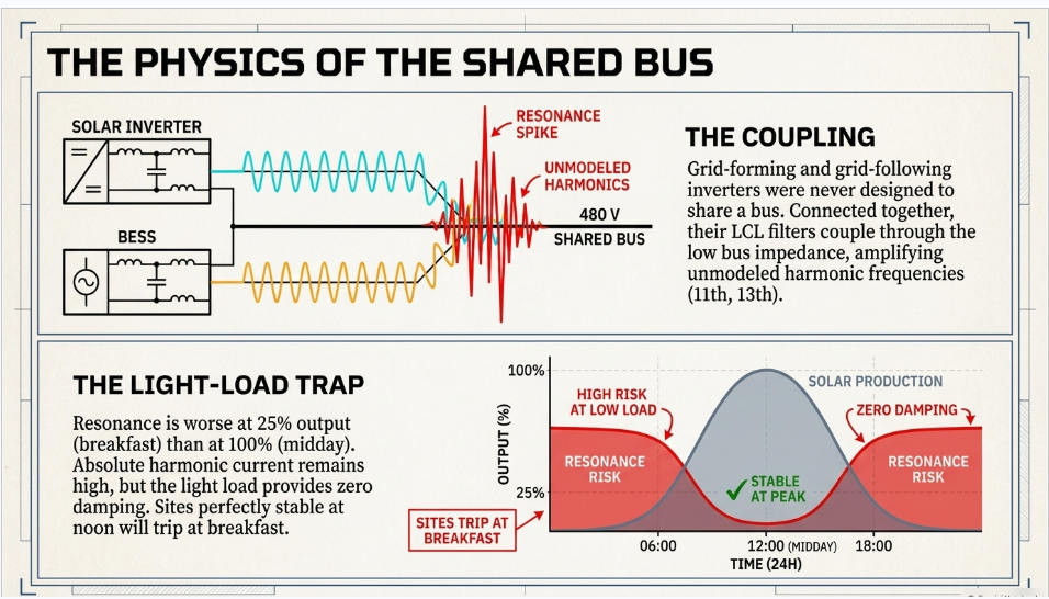 Solar and BESS shared bus resonance showing coupled inverter harmonics and light-load resonance risk