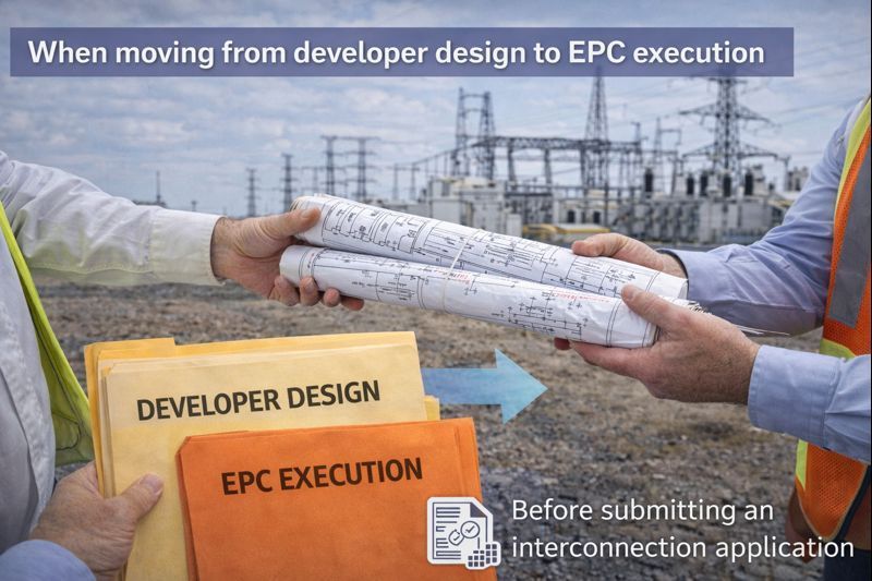 Two people hand off construction plans in front of an electrical substation, signaling the move to EPC execution.