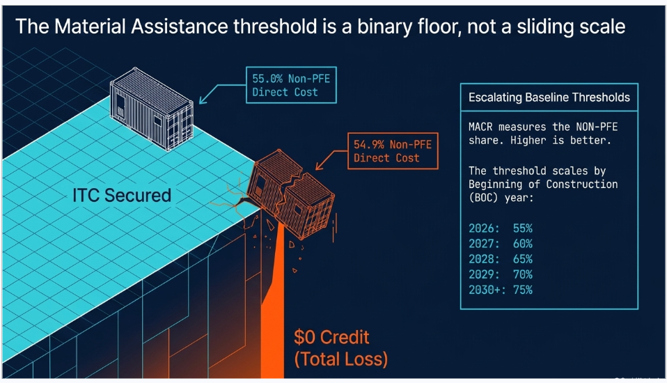 BESS Section 48E MACR threshold showing 55 percent non-PFE requirement and total credit loss below threshold