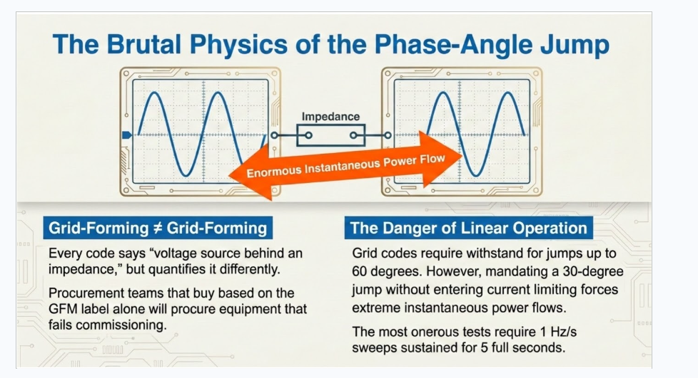 Grid-forming inverter phase-angle jump and transient power flow response.