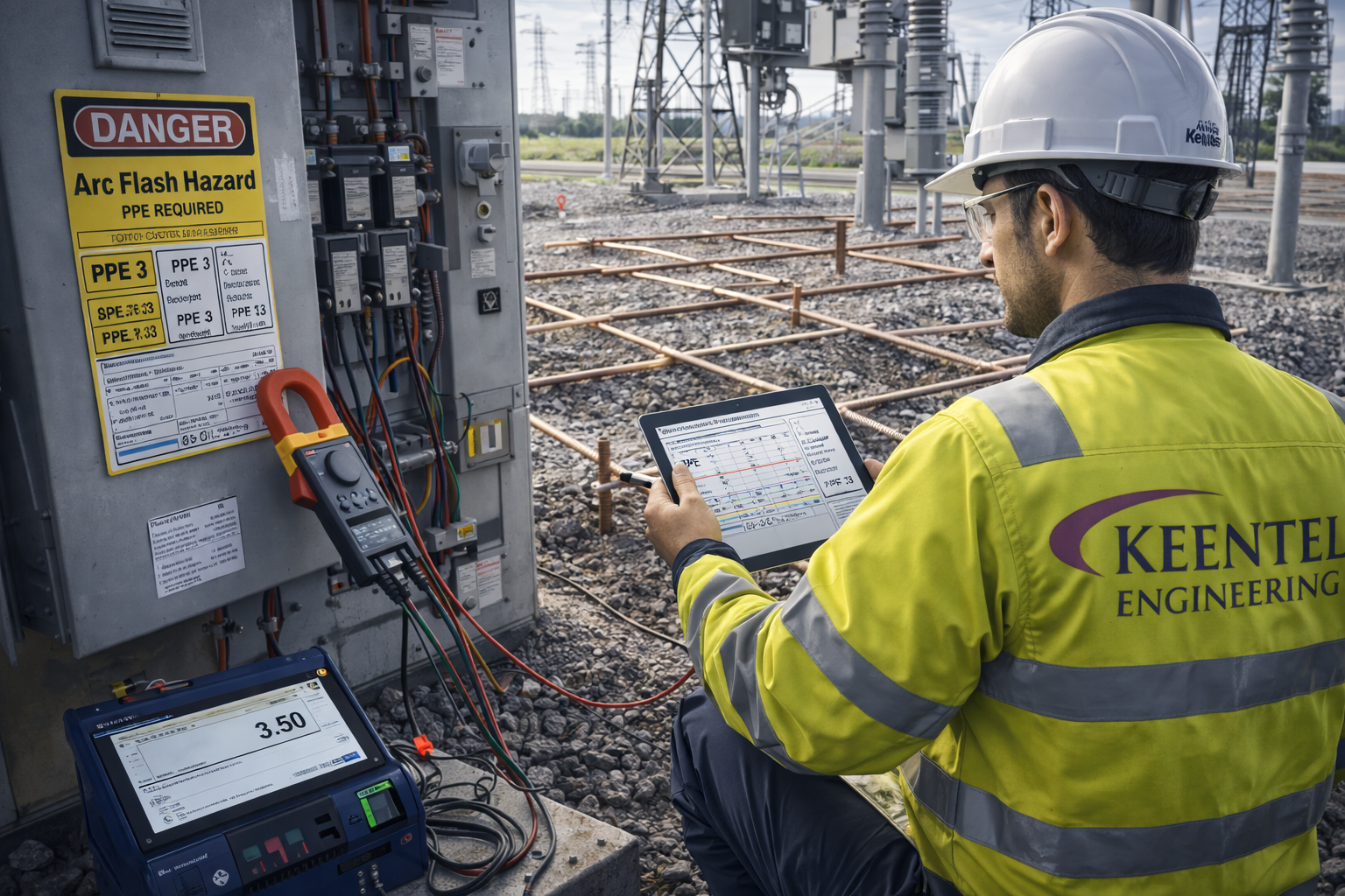 Two technicians in hard hats inspect electrical panel, one using a laptop in a control room.