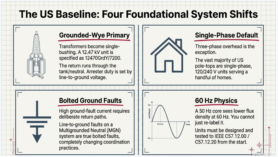 US pole-mounted transformer design showing grounded-wye primary, single-phase distribution, ground faults and 60 Hz requirements