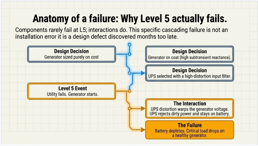 Data center L5 commissioning failure showing generator and UPS harmonic interaction during utility loss
