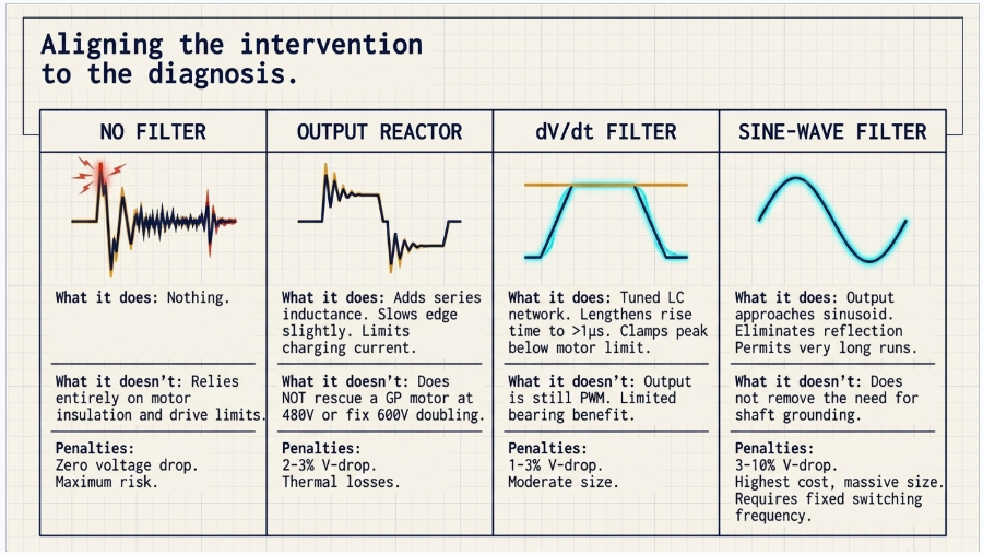 VFD motor-side filtering comparison output reactor dV/dt and sine-wave filter