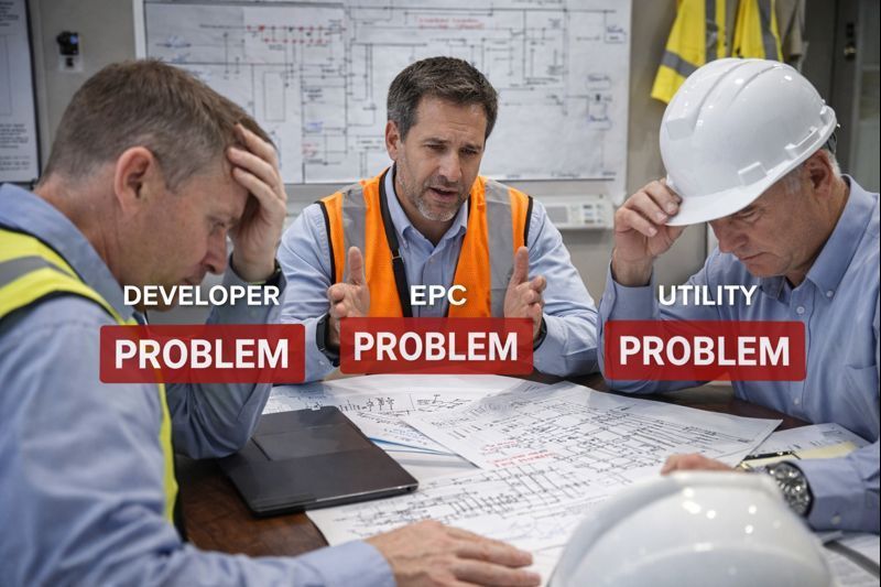 Three construction professionals in a meeting look stressed while reviewing blueprints, each labeled