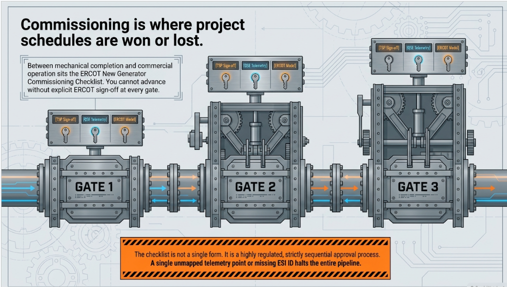 ERCOT new generator commissioning process showing three approval gates from energization to commercial operation