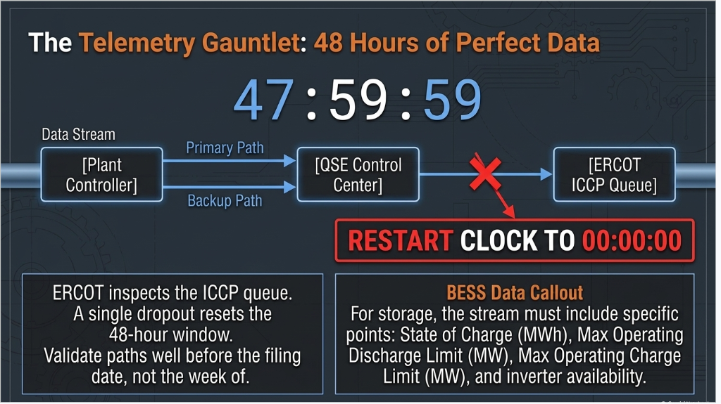 ERCOT generator commissioning telemetry validation showing 48-hour continuous data requirement before energization
