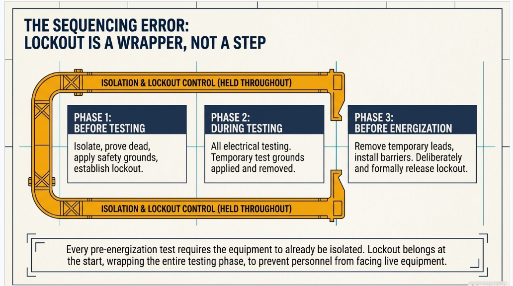 Electrical commissioning lockout tagout sequence showing isolation before testing and release before energization