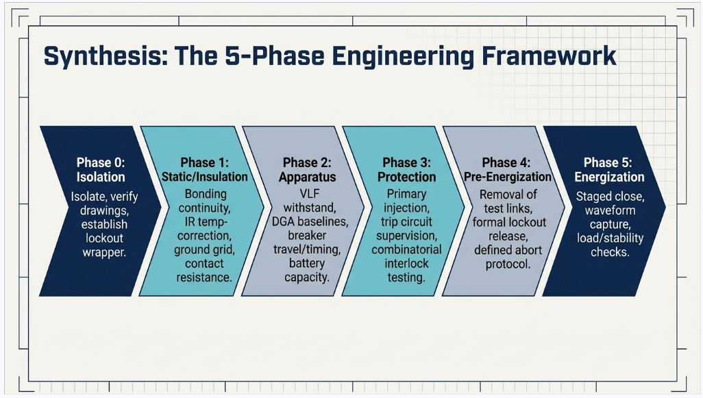 Electrical commissioning checklist showing six phases from isolation and testing to safe energization