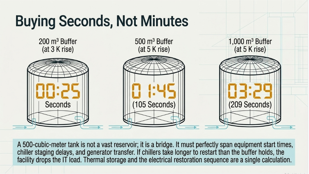 Thermal storage buffer comparison for a 100 MW AI data center showing cooling ride-through times at different water storage volumes.