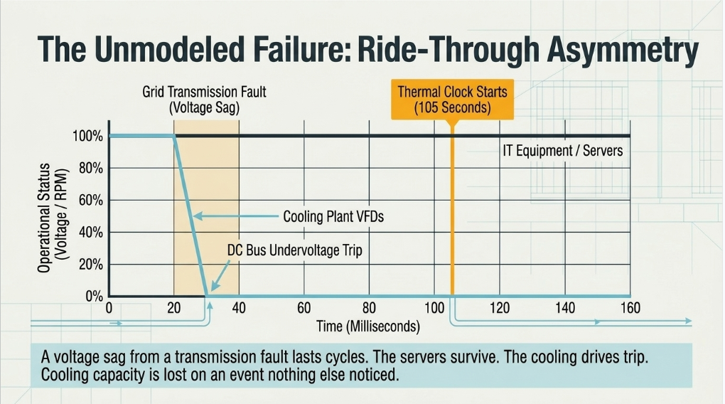 Voltage sag ride-through failure in a 100 MW AI data center showing cooling plant VFD trips while UPS-backed IT equipment remains operational.