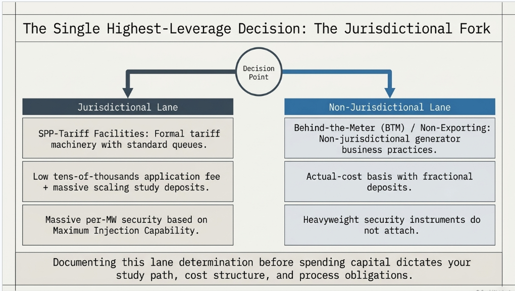 SPP HILLGA jurisdictional decision flowchart comparing tariff-connected and behind-the-meter generation
