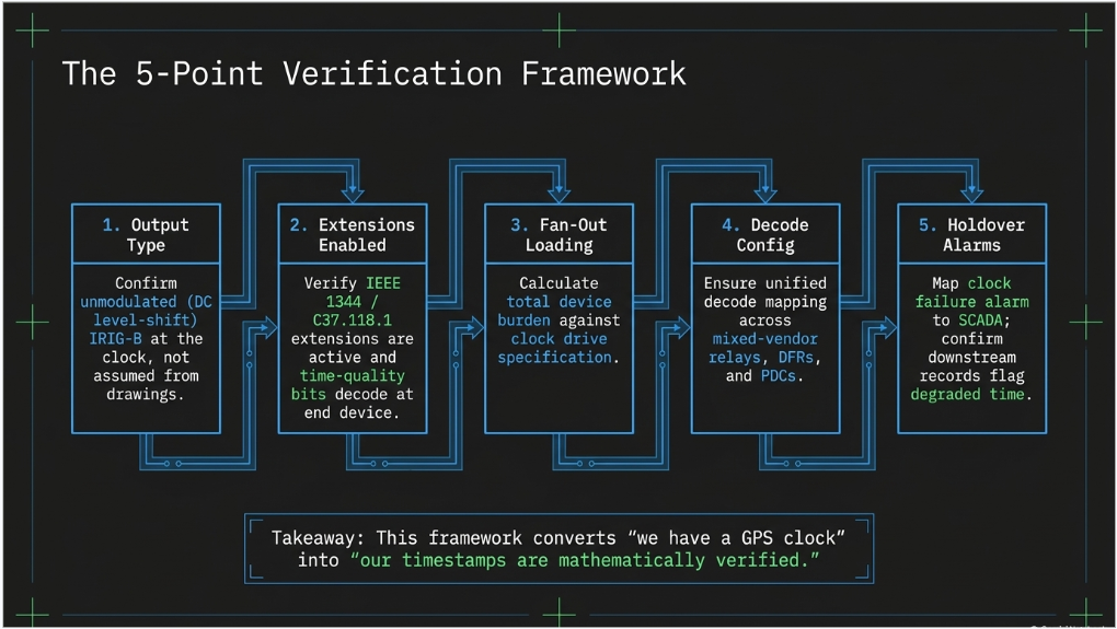 Five point verification framework for IRIG-B time synchronization and IEEE 2800 compliance