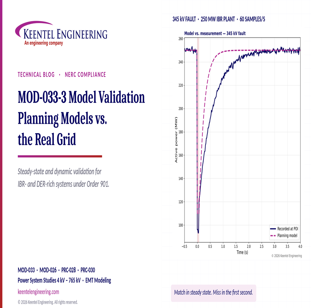MOD-033-3 model validation comparing recorded and simulated active power after a 345 kV fault