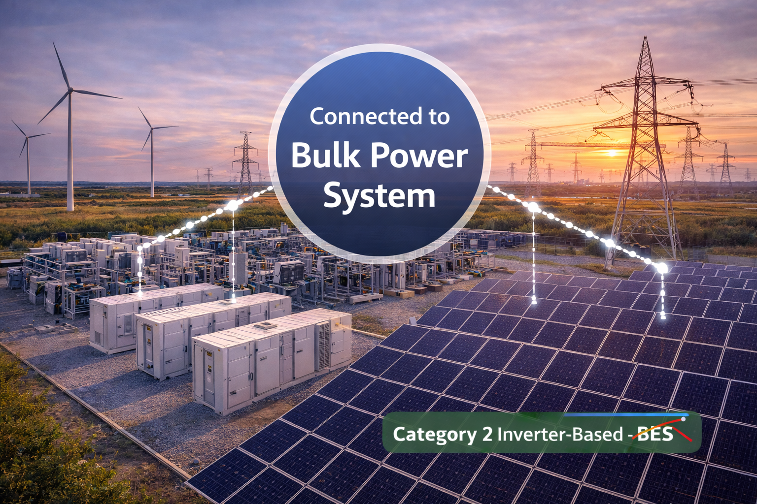 A solar and battery storage facility at sunset, connected to the bulk power grid, labeled Category 2 Inverter-Based BES.