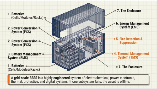 Grid-scale BESS components including batteries, PCS, BMS, EMS, thermal management, and fire protection