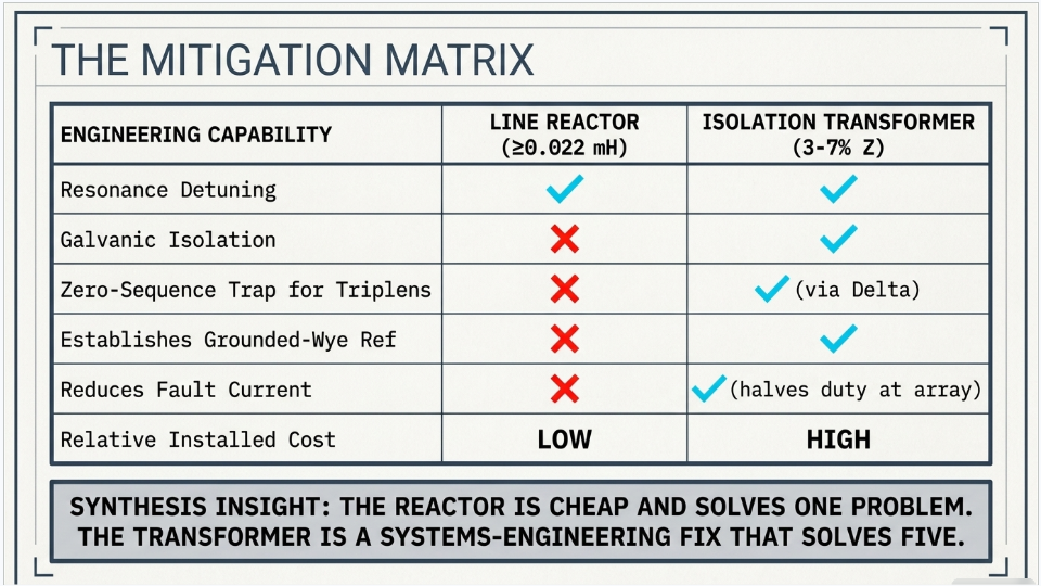 Solar BESS resonance mitigation comparison of line reactor and isolation transformer for shared 480 V bus