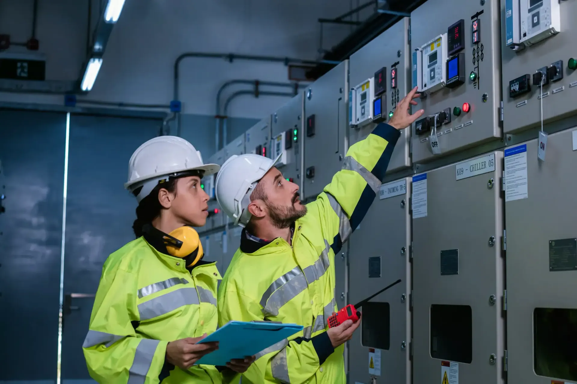 Two technicians in hard hats inspect electrical panel, one using a laptop in a control room.